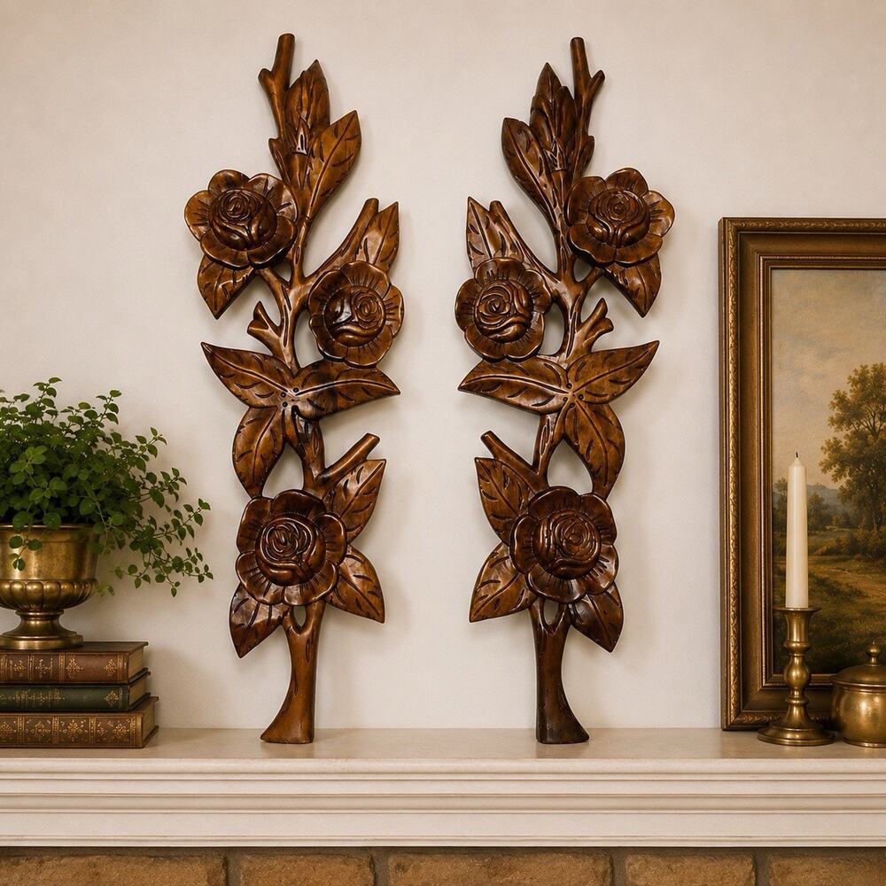 Vintage Hand Carved Wood Floral Wall Plaques Pair 30” Rose Black Forest Style
